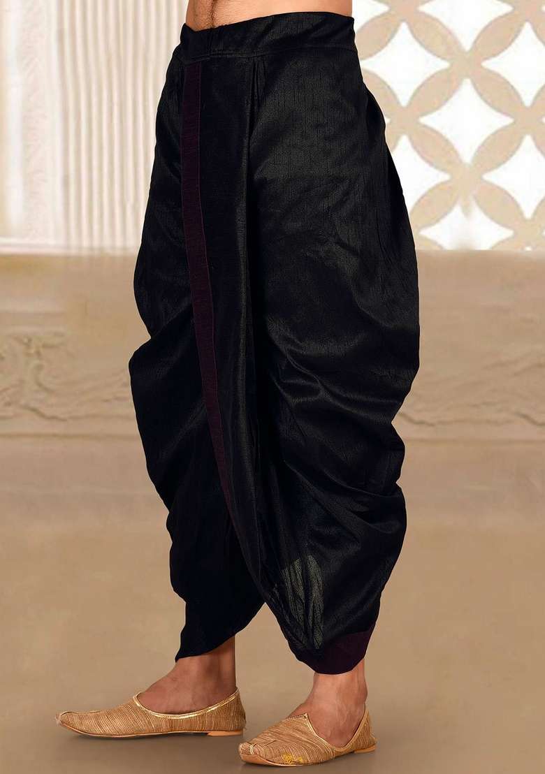 Black Wine Solid Art Silk Blend Dhoti For Men - Indya