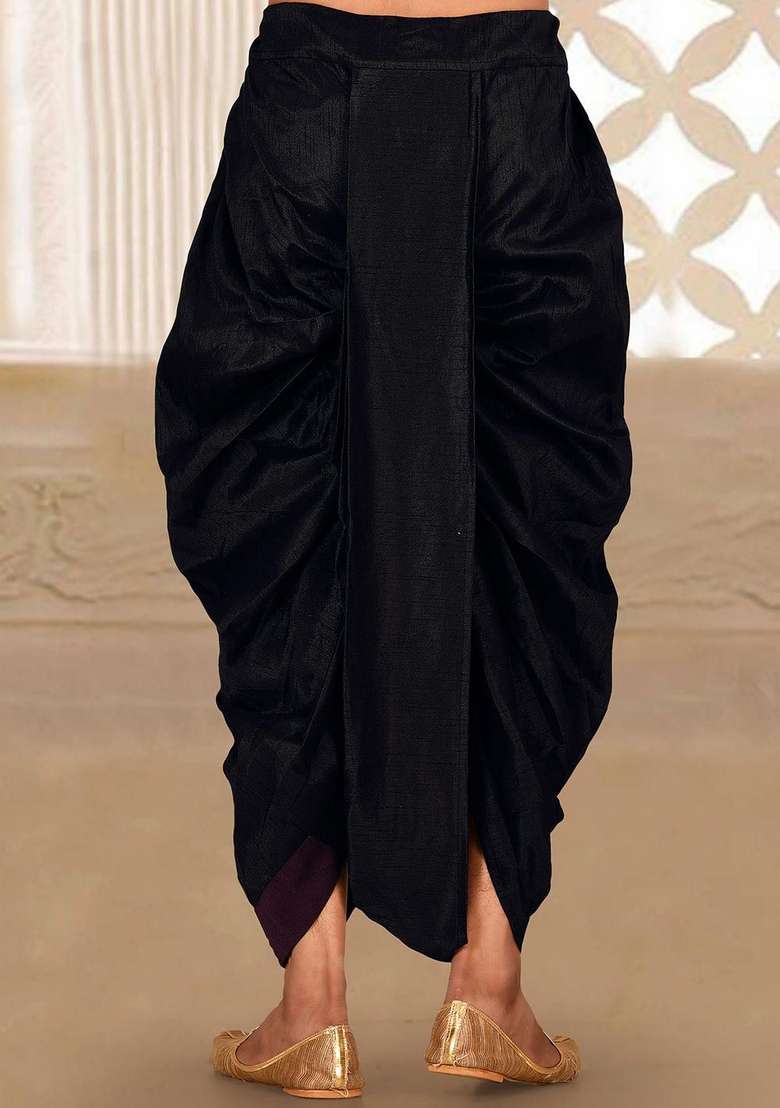 Black Wine Solid Art Silk Blend Dhoti For Men - Indya