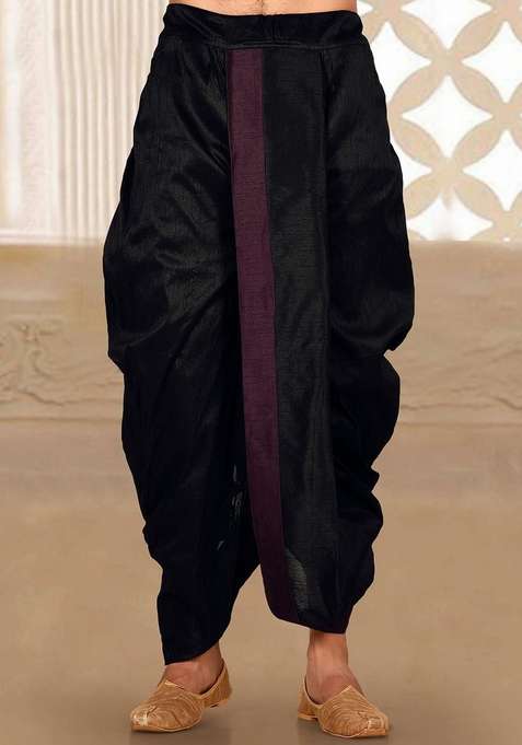 Black Wine Solid Art Silk Blend Dhoti For Men