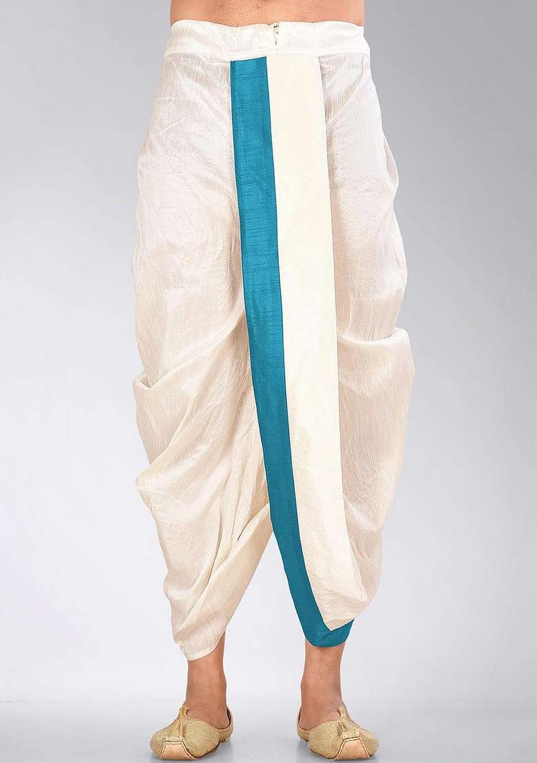 Cream Firoza Solid Art Silk Blend Dhoti For Men - Indya