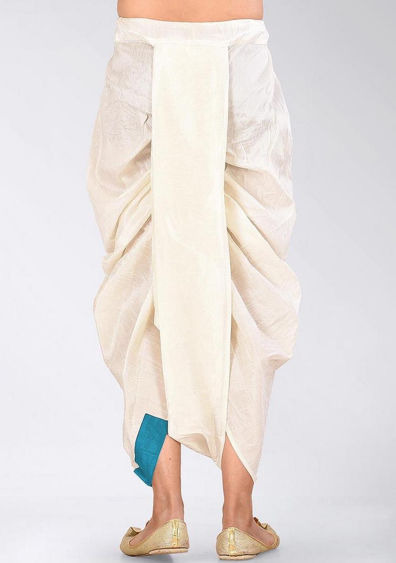 Cream Firoza Solid Art Silk Dhoti For Men - Indya