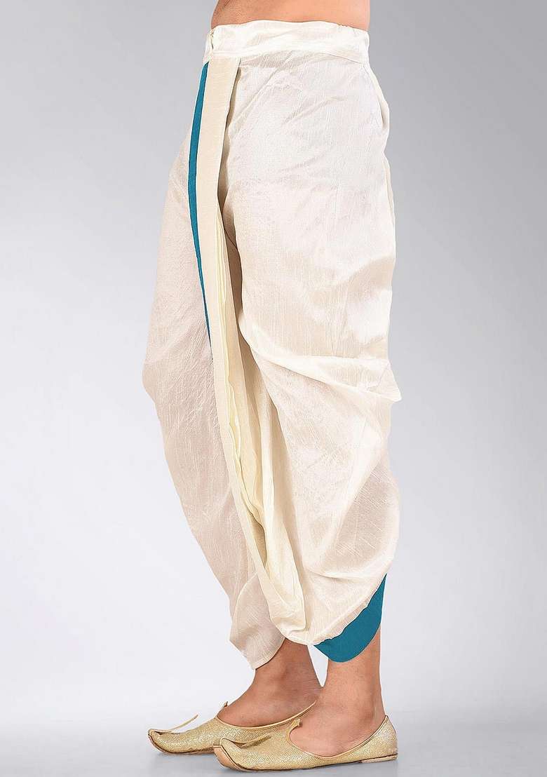 Cream Firoza Solid Art Silk Blend Dhoti For Men - Indya