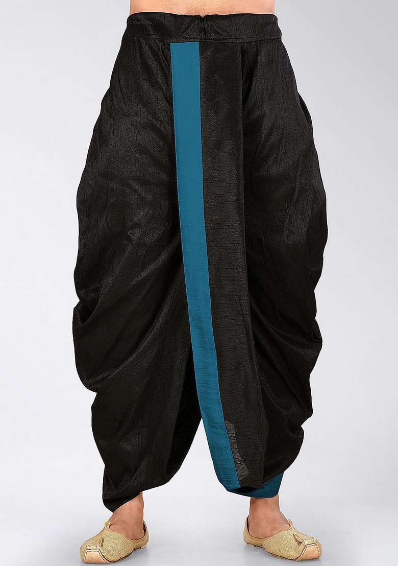 Black Firozi Solid Art Silk Blend Dhoti For Men - Indya