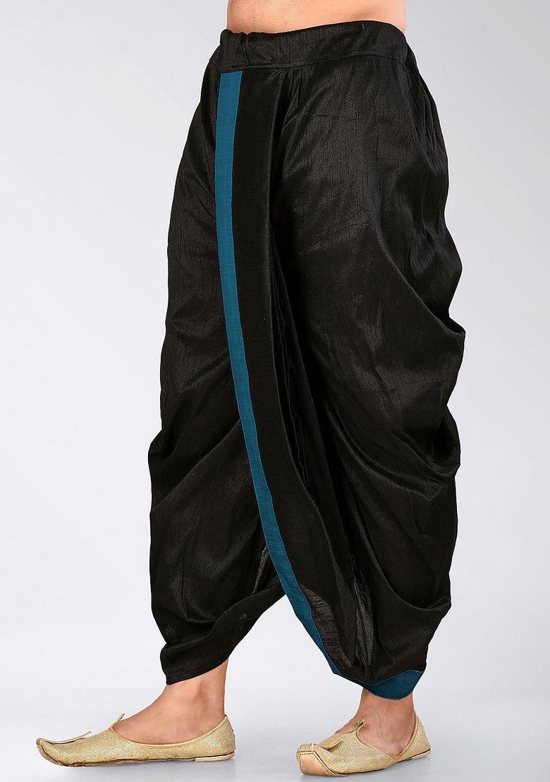 Black Firozi Solid Art Silk Dhoti For Men - Indya
