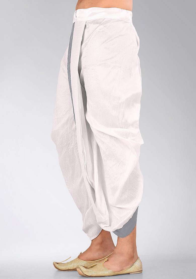 White Grey Solid Art Silk Blend Dhoti For Men - Indya