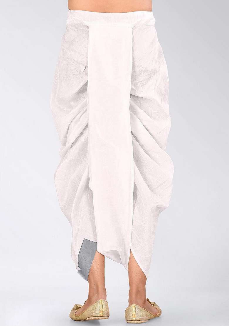 White Grey Solid Art Silk Blend Dhoti For Men - Indya