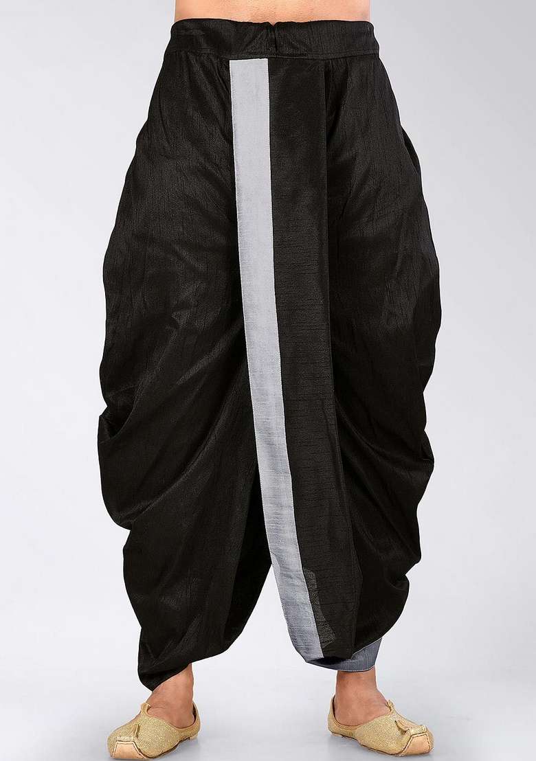 Black Grey Solid Art Silk Blend Dhoti For Men - Indya