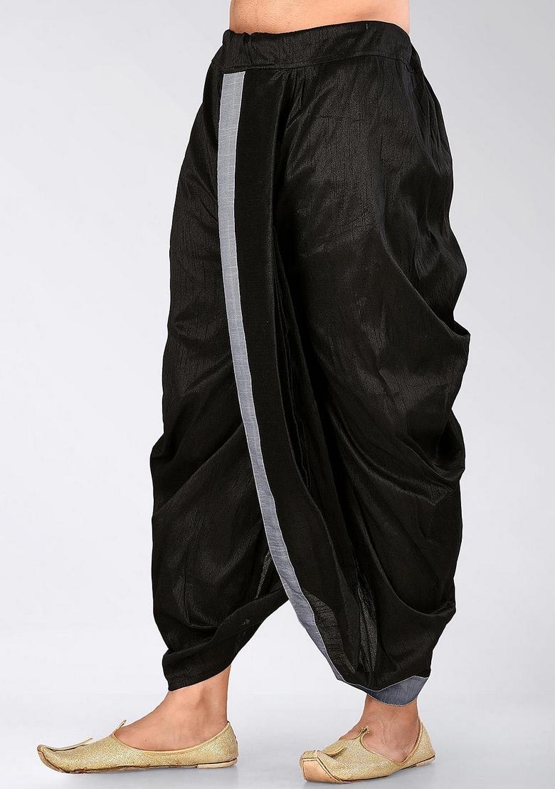 Black Grey Solid Art Silk Dhoti For Men