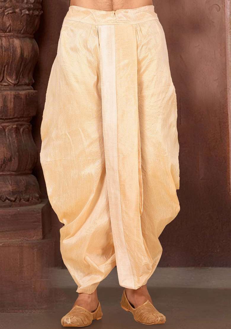Fawn Deep Cream Solid Art Silk Blend Dhoti For Men - Indya