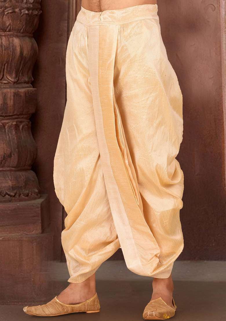 Fawn Deep Cream Solid Art Silk Blend Dhoti For Men - Indya
