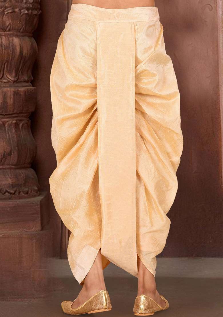 Fawn Deep Cream Solid Art Silk Blend Dhoti For Men - Indya