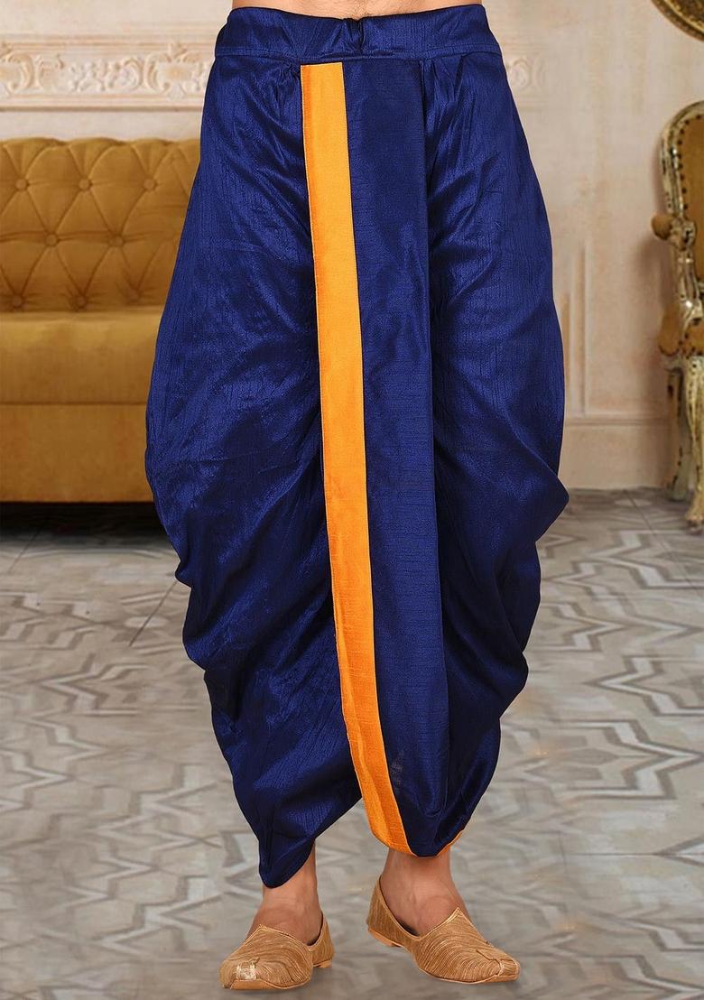 Royal Blue Solid Art Silk Dhoti For Men