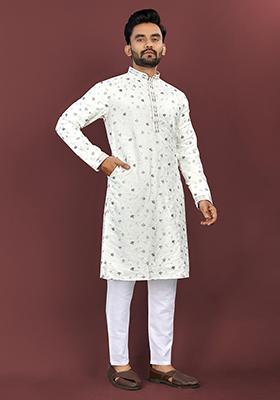 White Embroidered Silk Kurta Set For Men
