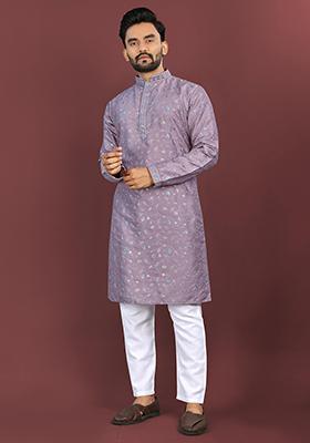 Purple Embroidered Silk Kurta Set For Men