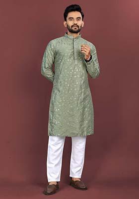 Olive Embroidered Silk Kurta Set For Men