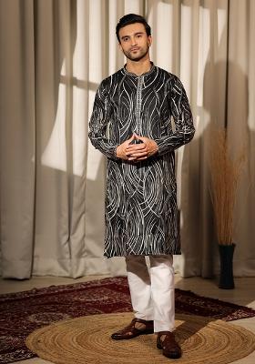 Black Embroidered Viscose Kurta For Men