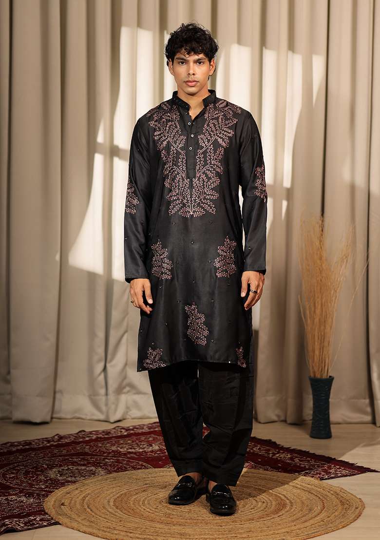 Black Embroidered Greek Satin Kurta For Men - Indya