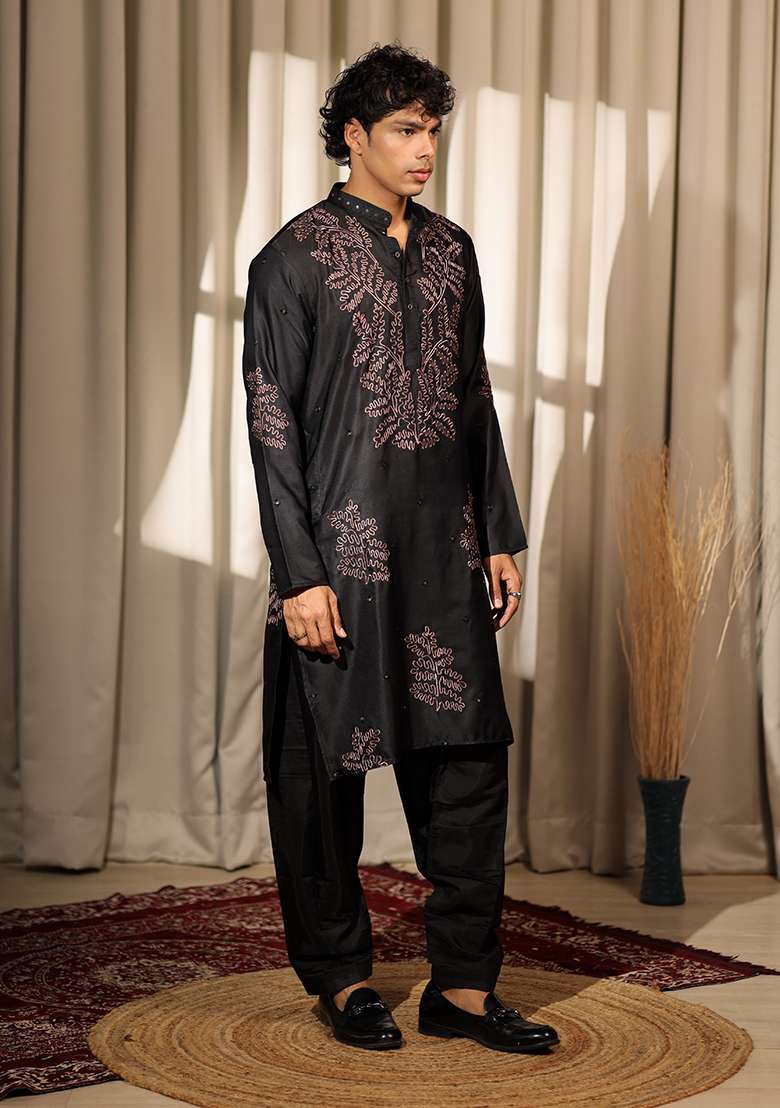 Black Embroidered Greek Satin Kurta For Men - Indya