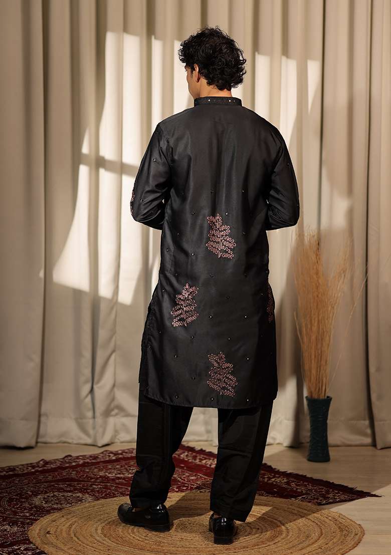 Black Embroidered Greek Satin Kurta For Men - Indya