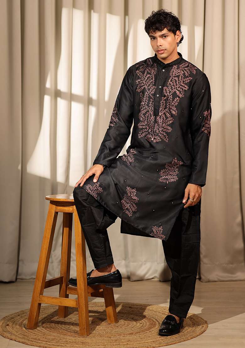 Black Embroidered Greek Satin Kurta For Men - Indya