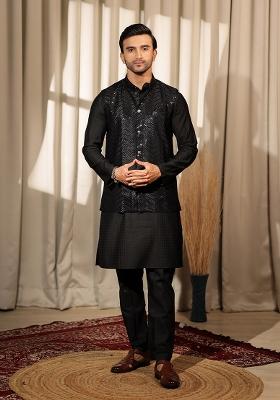 Black Embroidered Viscose Nehru Jacket For Men