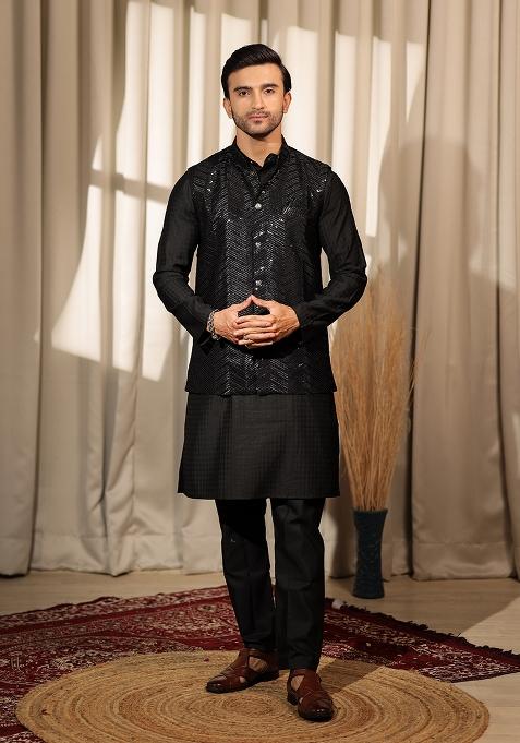 Black Embroidered Viscose Nehru Jacket For Men — view on Indya