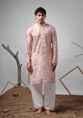Pink Printed Silk Kurta For Men