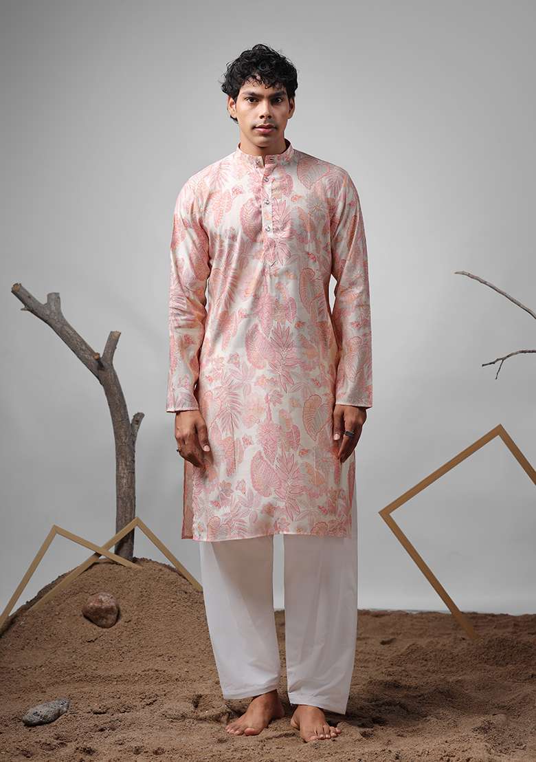 Pink Printed Silk Kurta For Men - Indya