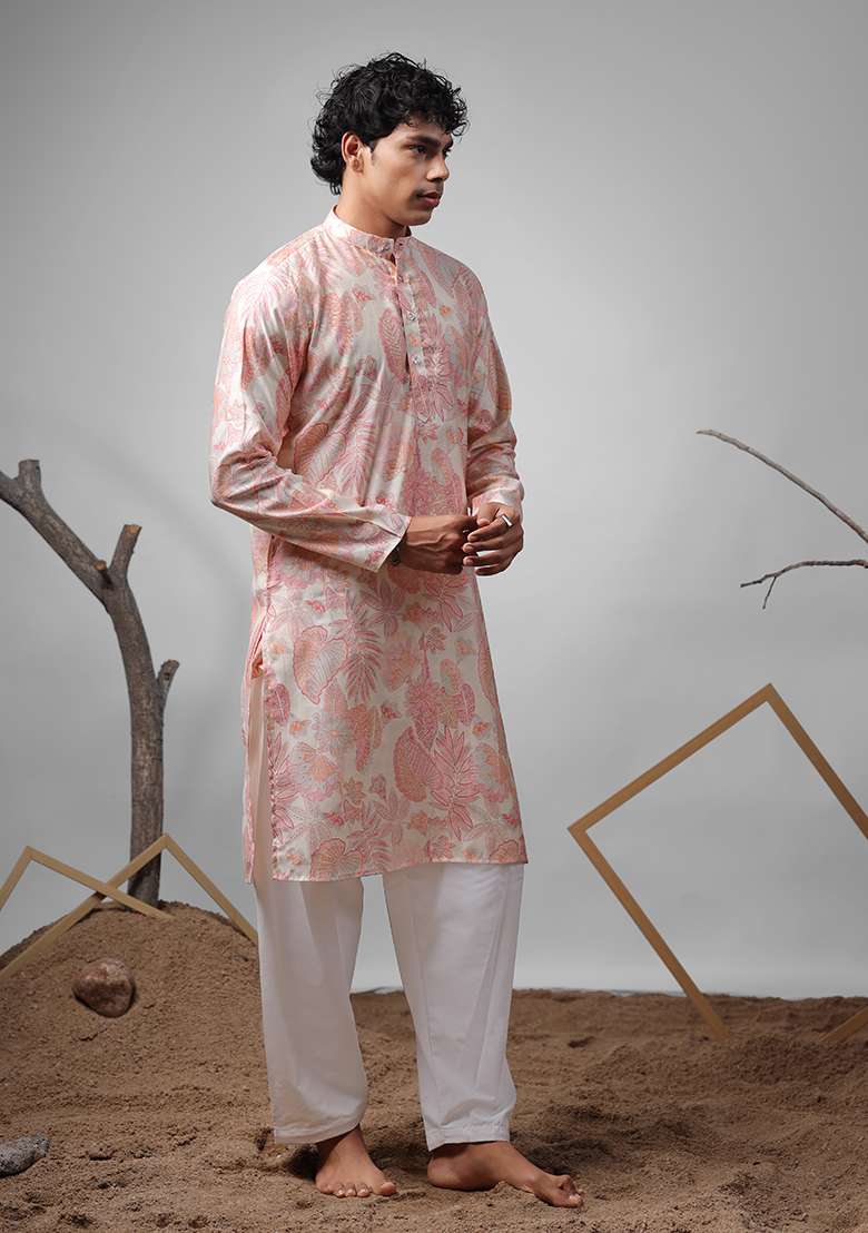 Pink Printed Silk Kurta For Men - Indya