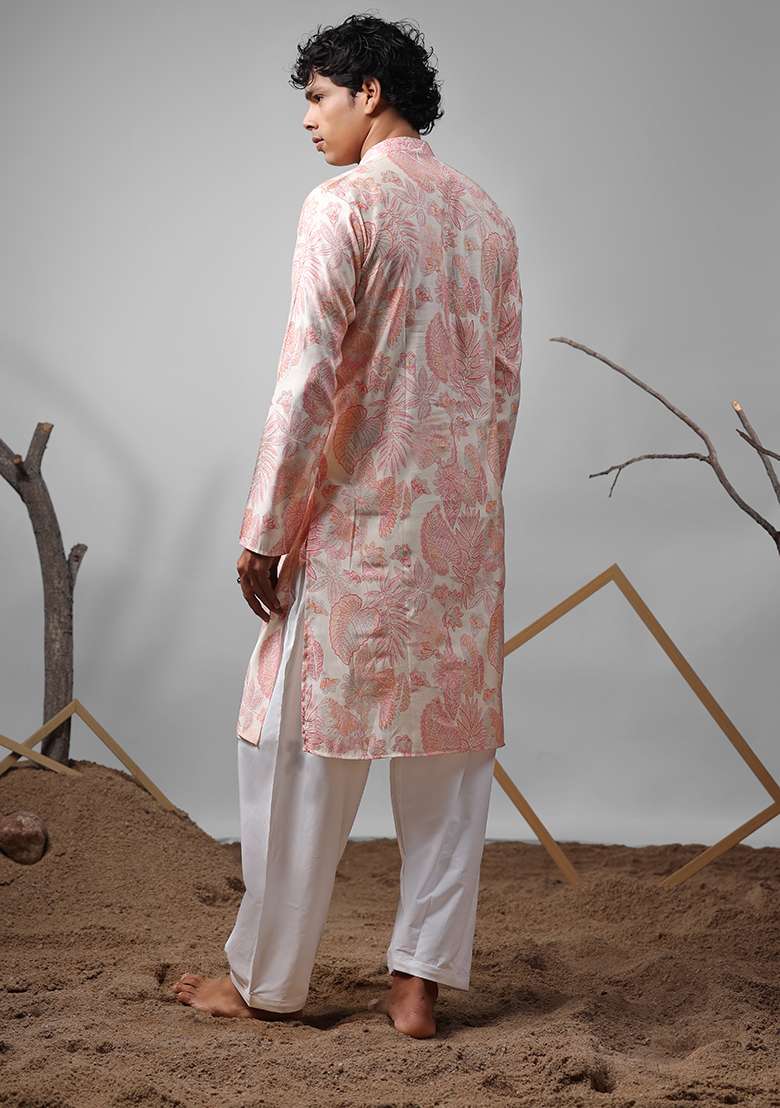 Pink Printed Silk Kurta For Men - Indya