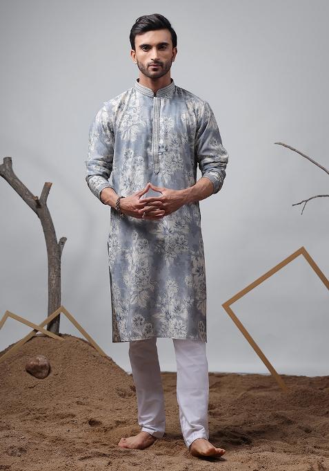 Blue Printed Silk Kurta For Men