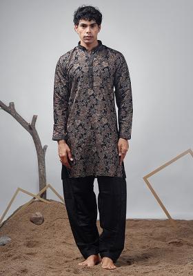 Black Printed Silk Kurta For Men