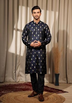 Blue Embroidered Viscose Jacquard Kurta For Men