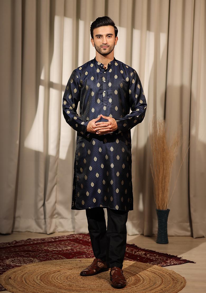 Blue Embroidered Viscose Jacquard Kurta For Men
