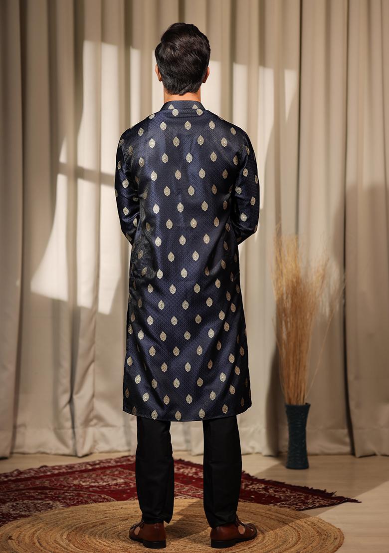 Blue Embroidered Viscose Jacquard Kurta For Men