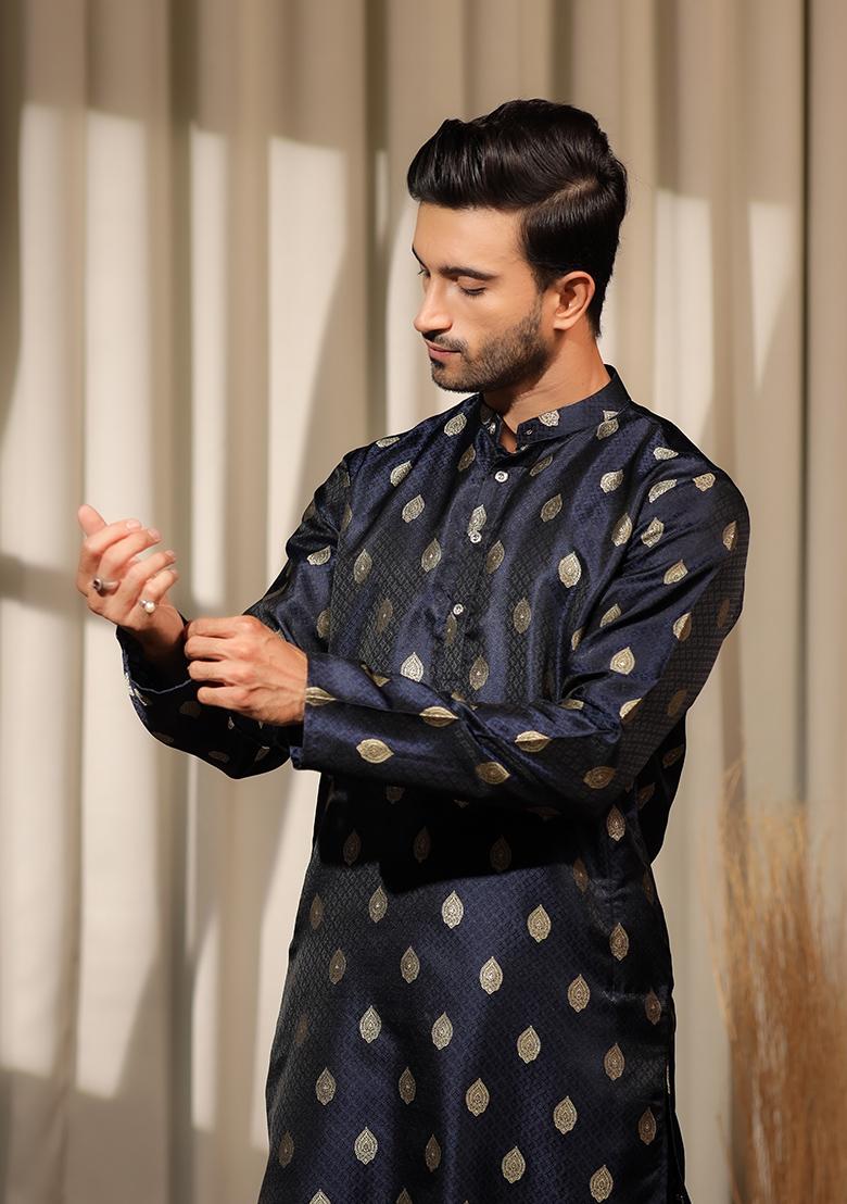 Blue Embroidered Viscose Jacquard Kurta For Men