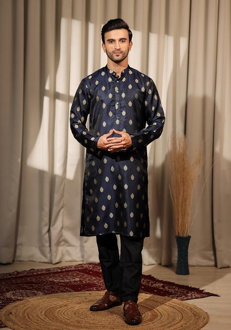 Blue Embroidered Viscose Jacquard Kurta For Men
