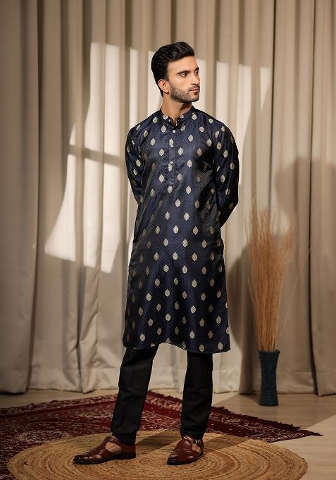 Blue Embroidered Viscose Jacquard Kurta For Men