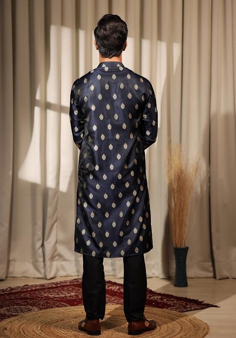 Blue Embroidered Viscose Jacquard Kurta For Men
