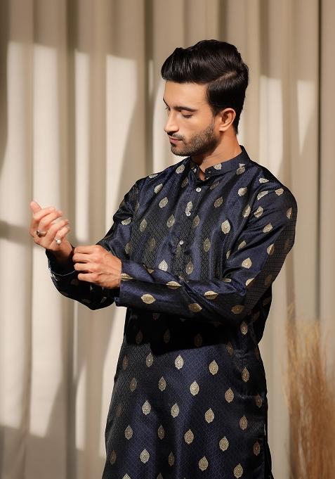 Blue Embroidered Viscose Jacquard Kurta For Men