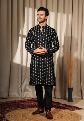 Black Embroidered Viscose Kurta For Men