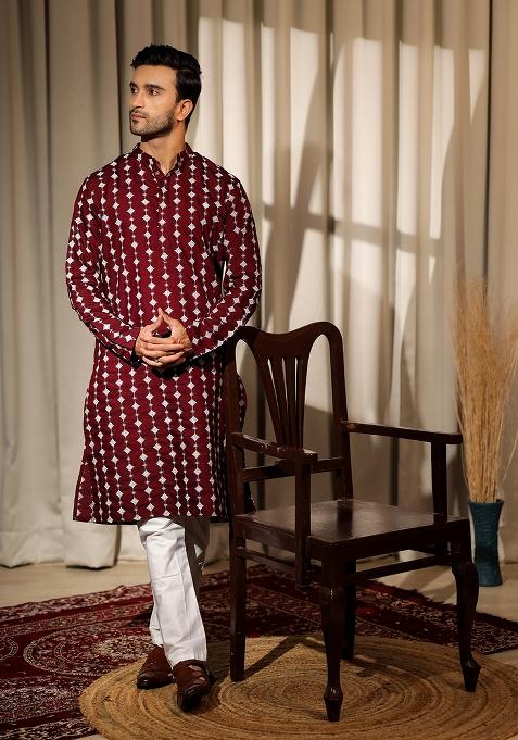 Maroon Embroidered Viscose Kurta For Men