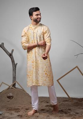 Yellow Embroidered Modal Silk Kurta For Men