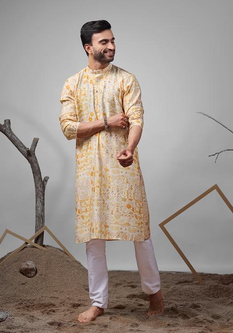 Yellow Embroidered Modal Silk Kurta For Men