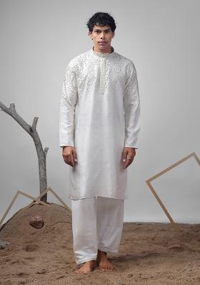 White Printed Greek Satin Kurta For Men