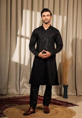 Black Embroidered Rolex Silk Kurta For Men