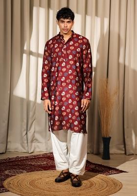 Maroon Printed Modal Silk Kurta For Men