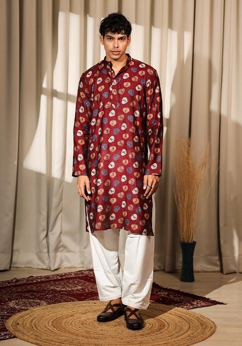 Maroon Printed Modal Silk Kurta For Men