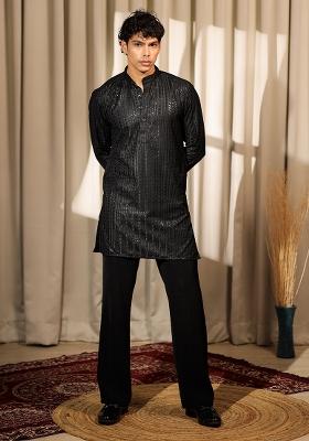 Black Embroidered Silk Blend Kurta Set For Men
