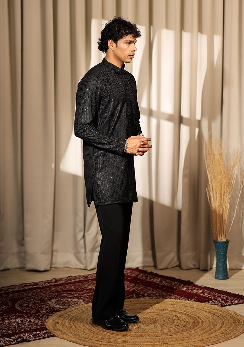 Black Embroidered Silk Blend Kurta Set For Men